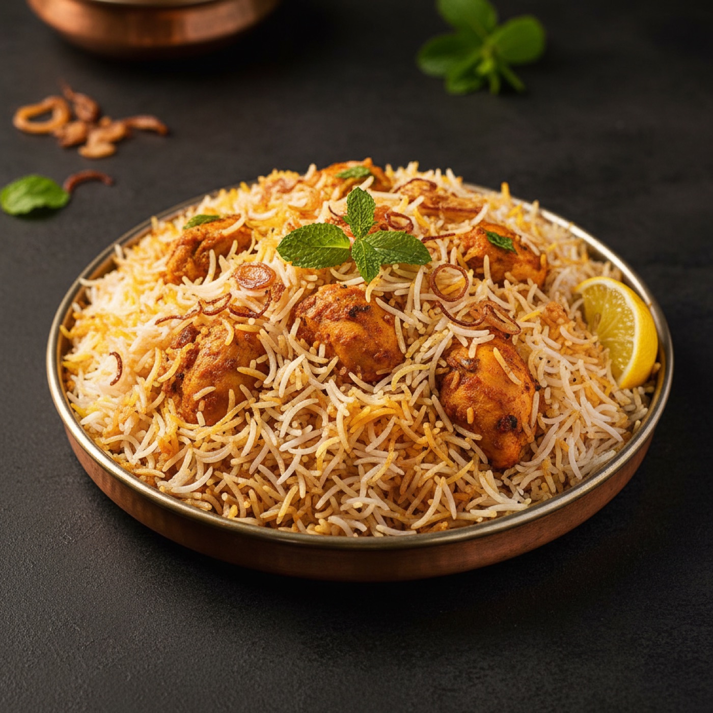 Hyderabadi biryani served with salan and dahi